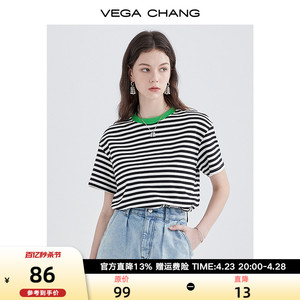 VEGA CHANG2024夏季新款打底衫女中袖条纹T恤时尚内搭拼色海魂衫