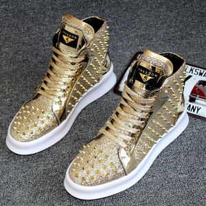 男士高帮休闲鞋潮流韩版铆钉鞋男潮板鞋系带平底金色内增高潮鞋男
