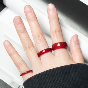 天然红玉髓细条戒指尾戒 玛瑙玉石男女款指环本命年红色玉石指环