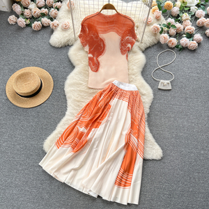 夏季欧美ins洋气时尚个性印花套装女短袖上衣+百褶半身裙两件套潮