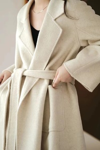 2024秋冬新款粉色米白色双面羊绒大衣女中长款系带宽松毛呢外套