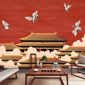 中式古典壁纸故宫仙鹤祥云红色墙布中国风饭馆客厅餐厅背景墙壁布