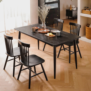 联邦家具全实木餐桌烟熏黑色家用小户型简约轻奢红橡木餐桌椅组合