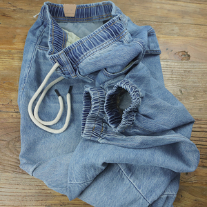 夏季薄款天丝松紧腰男士束脚牛仔裤补丁破洞贴布水洗哈伦裤九分裤