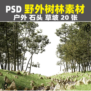 高清ps野外户外树林森林环境石头草坡景观效果图后期psd分层素材