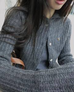 套装！韩国设计师品牌新款羊毛马海毛针织开衫女文艺复古灰色毛衣