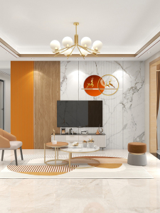 3d爱马仕橙色大理石电视背景墙壁纸轻奢客厅8d沙发格栅影木纹墙纸