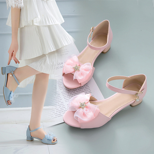 女童鱼嘴凉鞋2021新款时尚6小女孩8学生10大童12岁高跟儿童公主鞋