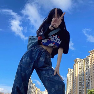 美式高街oversize黑色短袖t恤女夏季ins潮牌嘻哈宽松百搭半袖上衣