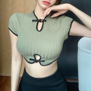 盘扣别致上衣女超短款高腰露脐性感小短袖显胸大纯欲紧身夏天t恤