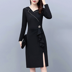 西装领长袖连衣裙女2022秋季新款大码修身显瘦中长款黑色包臀裙