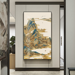 千里江山图入户玄关装饰画山水竖版晶瓷画新中式走廊过道茶室挂画