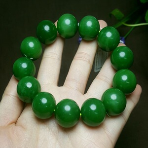 天然新疆和田玉山料老坑料碧玉菠菜绿18mm男女佩戴手串手链
