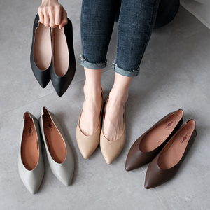 韩版2019春秋新款真皮平底软底百搭休闲尖头浅口瓢鞋船女单鞋  潮