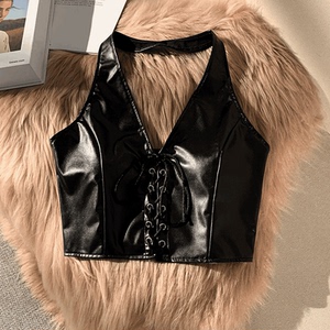 黑色pu皮衣挂脖吊带背心秋冬流行时尚洋气马甲女叠穿外搭欧美上衣