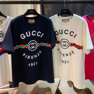 gucci/古驰 新款夏季gg字母logo波浪图案印花圆领短袖t恤男女同款
