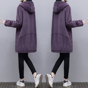 2024秋冬新款女装时尚紫色棉衣中长款宽松显瘦连帽棉服灯芯绒外套