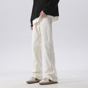 美式高街白色牛仔裤男夏季弹力修身显瘦裤子宽松直筒微喇休闲长裤