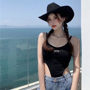 夏外穿欧美辣妹字母连体衣吊带背心女内搭海边度假风露腰短款上衣