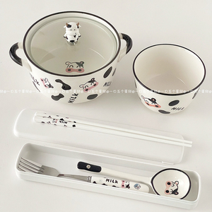 奶牛陶瓷泡面碗一人食勺叉筷套装可爱大容量双耳汤碗带盖螺蛳粉碗