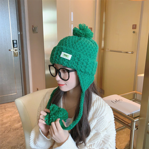 日本球球毛线针织帽绿色韩国ins可爱甜美学生保暖护耳冬季显脸小