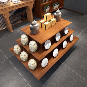 茶叶展示柜实木中岛柜流水台阶梯新中式货架烟酒柜组合产品陈列架