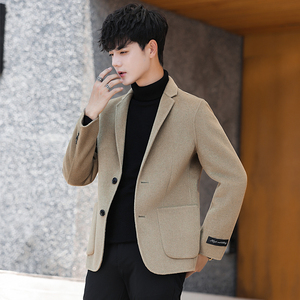 男士羊绒外套短款双面羊毛西装韩版青年呢子大衣高级感秋冬季加厚