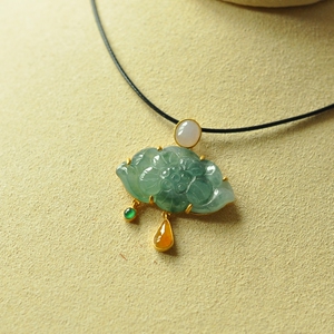 hk03天然a货翡翠18k真金设计款镶嵌老坑高冰飘花莲花轻奢吊坠挂件