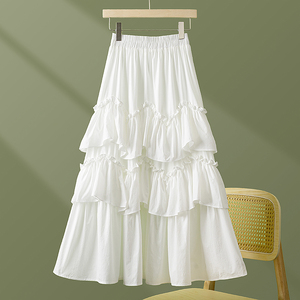 白色蛋糕裙半身裙女夏季2024新款中长款半裙子高腰a字荷叶边长裙