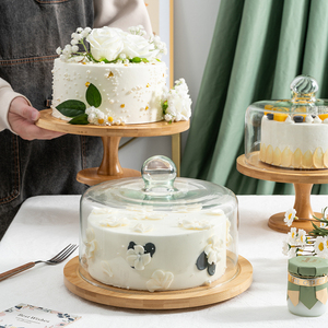 蛋糕玻璃罩下午茶甜品展示盘旋转木质切块糕点托盘点心防尘透明罩