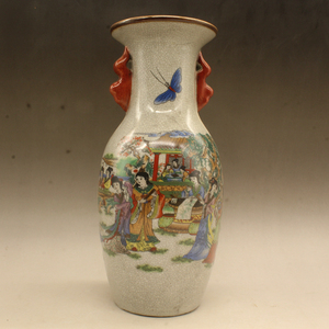 清乾隆粉彩十二金钗双耳瓶（高24厘米）古玩古董仿古瓷器做旧瓷器