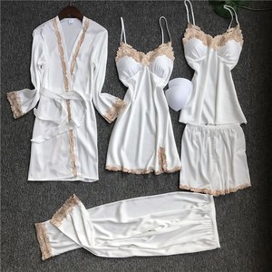 维密香蕾丝睡衣女夏季白色真丝性感短裙吊带胸垫五件套情趣家居服