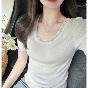 韩版重工钉珠u领针织短袖T恤女夏季新款辣妹减龄气质修身显瘦上衣