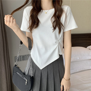 ins超火设计感不规则短袖t恤女夏韩版潮小众短款高腰修身上衣服