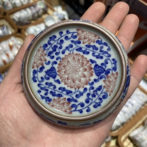 青花釉里红壶承缠枝莲盖置老陶泥开片可养景德镇陶瓷茶托壶托茶承