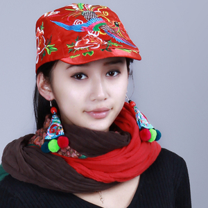 春夏秋冬民族风高端缎面凤凰牡丹刺绣花杨丽萍鸭舌帽 子女士
