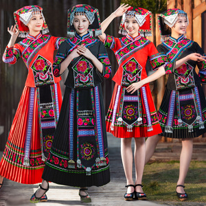 彝族服装彝女新款百褶裙表演服羌族布依族火把节少数民族舞蹈服饰
