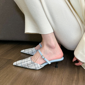 elingstudio 海盐蓝小香风尖头半拖鞋女夏外穿2023小猫跟包头拖鞋