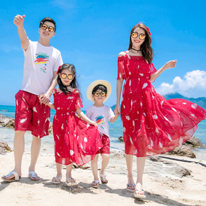 三亚亲子装夏装一家三口海边度假沙滩套装红色雪纺连衣裙母女装仙