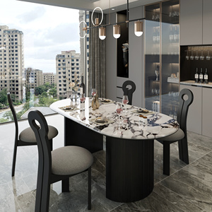 法式宝格丽大理石餐桌卡拉卡塔轻奢现代简约复古椭圆岩板桌椅组合