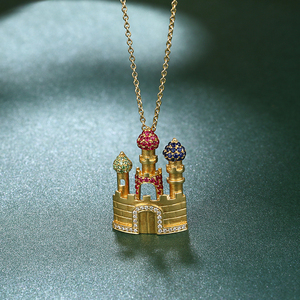 缘意行珠宝18k黄金复古公主城堡喷砂彩宝钻石童话吊坠毛衣项链