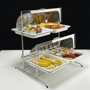 欧式大双层密胺蛋糕点心甜品自助餐展示架带盖透明罩水果面包托盘