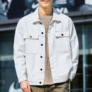 白色春季新款休闲夹克韩版翻领春款男装牛仔上衣潮流工装男士外套