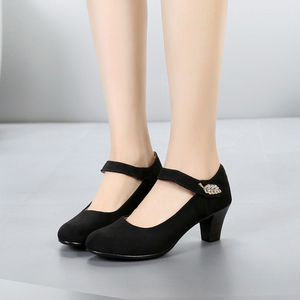 老北京布鞋春秋女单鞋一字绑带高跟舞蹈前台黑色上班久站工作鞋女