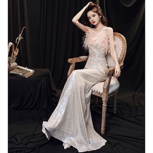 晚礼服女2020抹胸宴会名媛生日气质长款主持人性感鱼尾亮片连衣裙