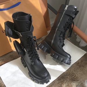 暗黑马丁靴女2021新款复古英伦可拆卸包包战靴圆头粗跟厚底机车靴