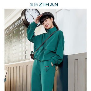 古着屋 紫涵2021年秋季新款纯色多口袋对称半高领卫衣外套运动感