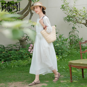 莎韵诗2024夏季新款白色飘逸苎麻蕾丝花边系带显瘦度假旅行连衣裙