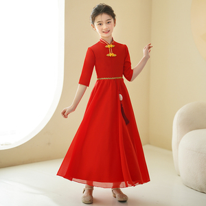 红色儿童礼服高端弹古筝演出服装中国风主持人民乐女童五一大合唱