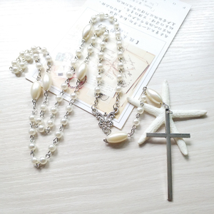 韩版个性十字架简约时尚白色仿珍珠长款衣链淑女百搭服饰项链
